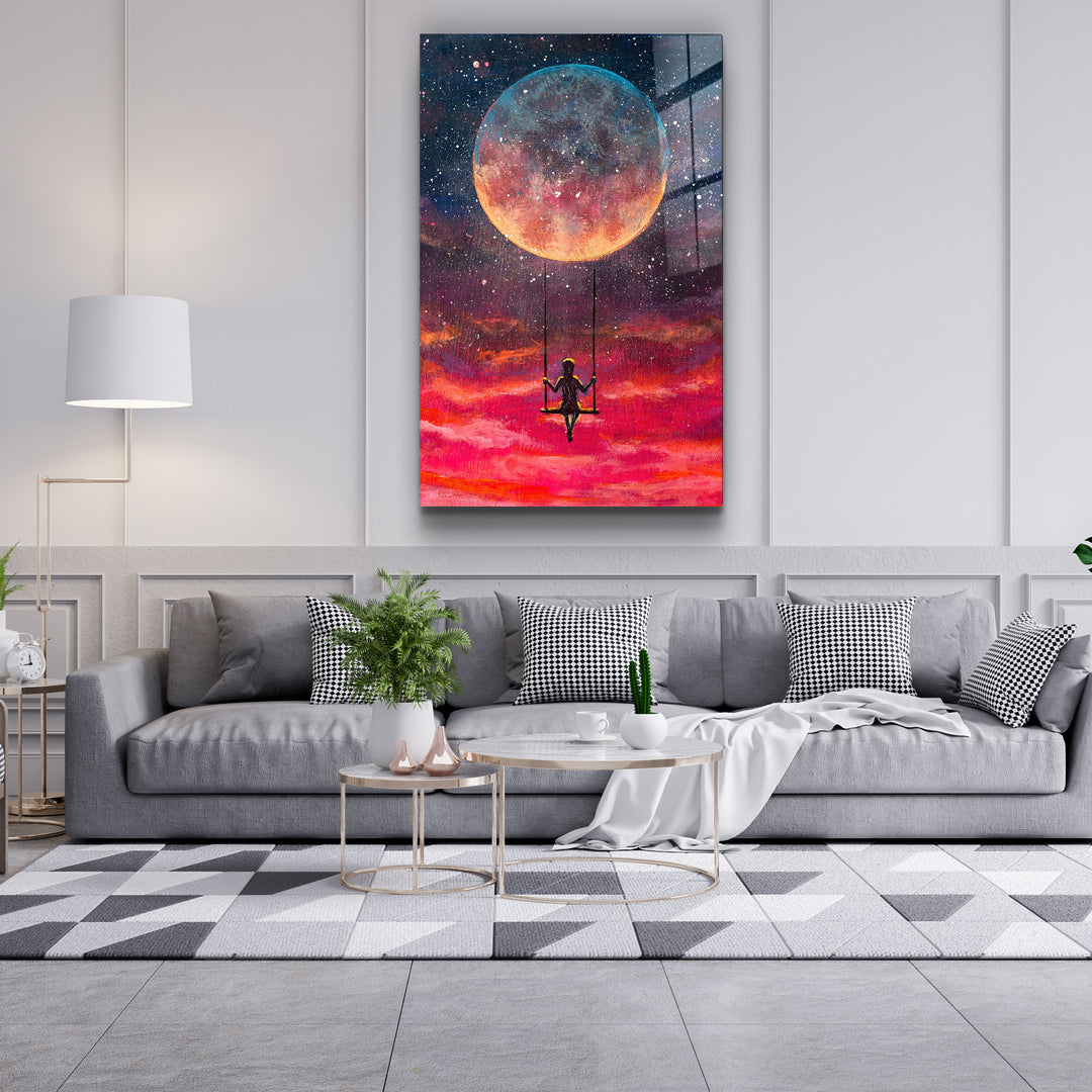 ・"Girl Swinging Under The Moon"・Glass Wall Art | Artdesigna Glass Printing Wall Arts.