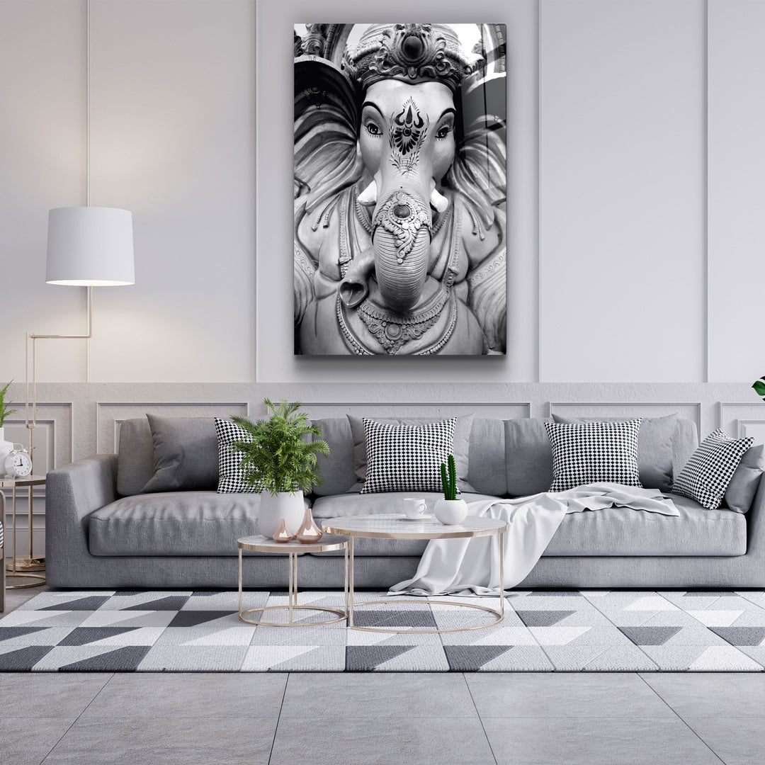 ・"Lord Ganesh B&W Sculpture"・Glass Wall Art | Artdesigna Glass Printing Wall Arts.