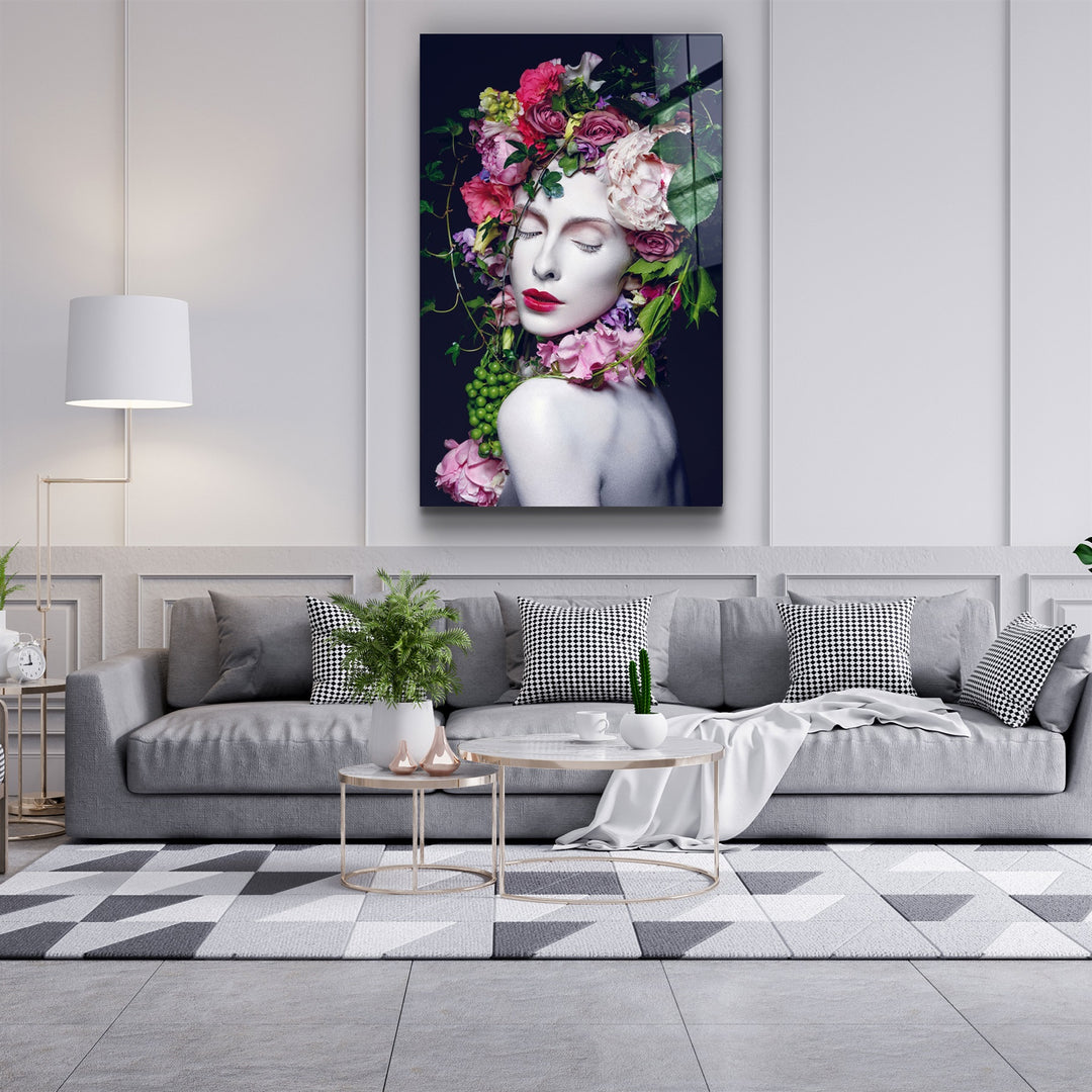 ・"Floral Woman Portrait"・Glass Wall Art | Artdesigna Glass Printing Wall Arts.