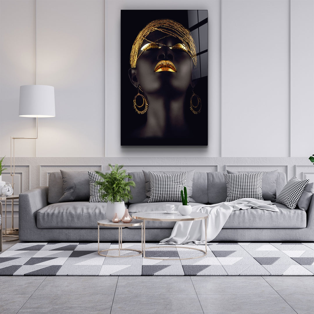 ・"Golden Lips Woman Portrait V2"・Glass Wall Art | Artdesigna Glass Printing Wall Arts.