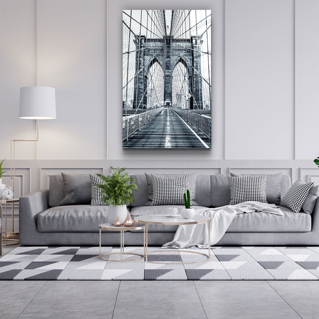 ・"Brooklyn Bridge Retro Gray 2"・Glass Wall Art | Artdesigna Glass Printing Wall Arts.