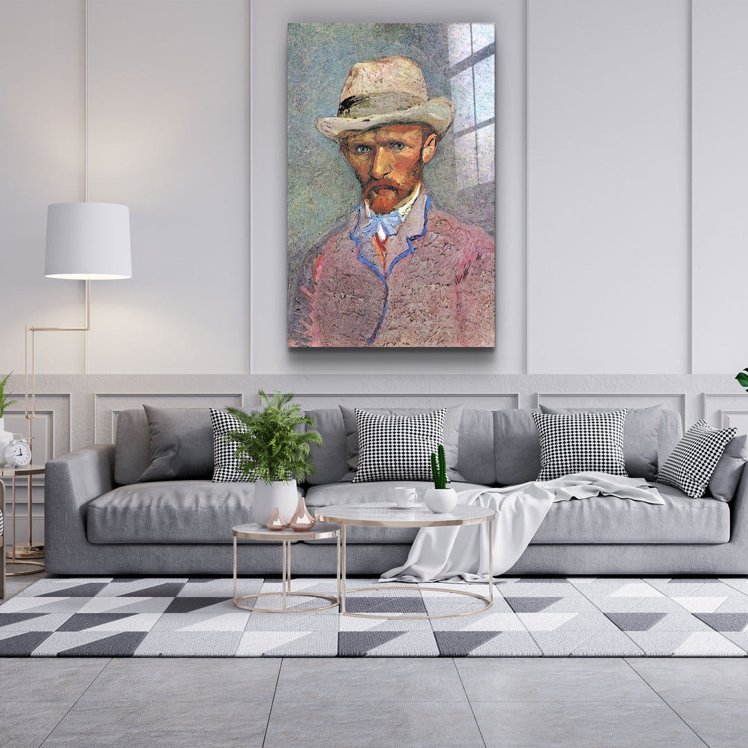 ・"Vincent van Gogh's Self-Portrait with a Gray Straw Hat (1887)"・Glass Wall Art | Artdesigna Glass Printing Wall Arts.