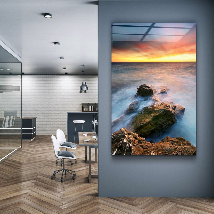 ・"Sunset and Rocks"・Glass Wall Art | Artdesigna Glass Printing Wall Arts.