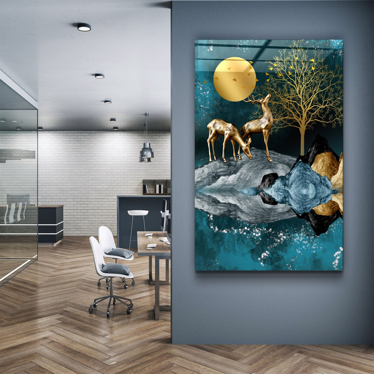 ・"Abstract Deer & Birds V2"・Glass Wall Art | Artdesigna Glass Printing Wall Arts.