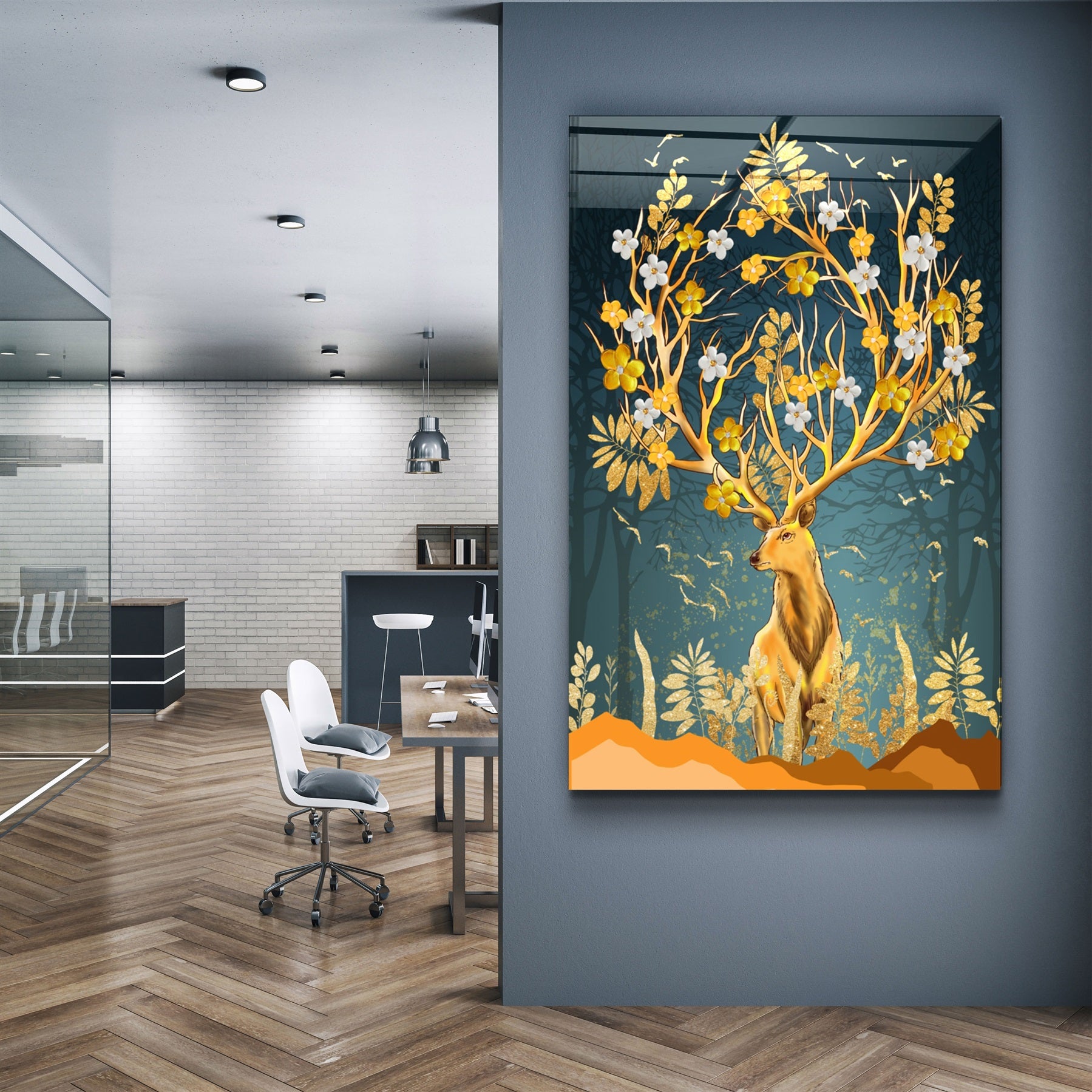 Glass, Wall Decoration, Glass Printing, Modern Wall Art, Sun And Deer Wall Art, Animal Glass Wall Art, offers Sunset And Deer Glass Wall,