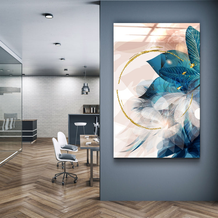 ・"Abstract Blue Leaves"・Glass Wall Art | Artdesigna Glass Printing Wall Arts.