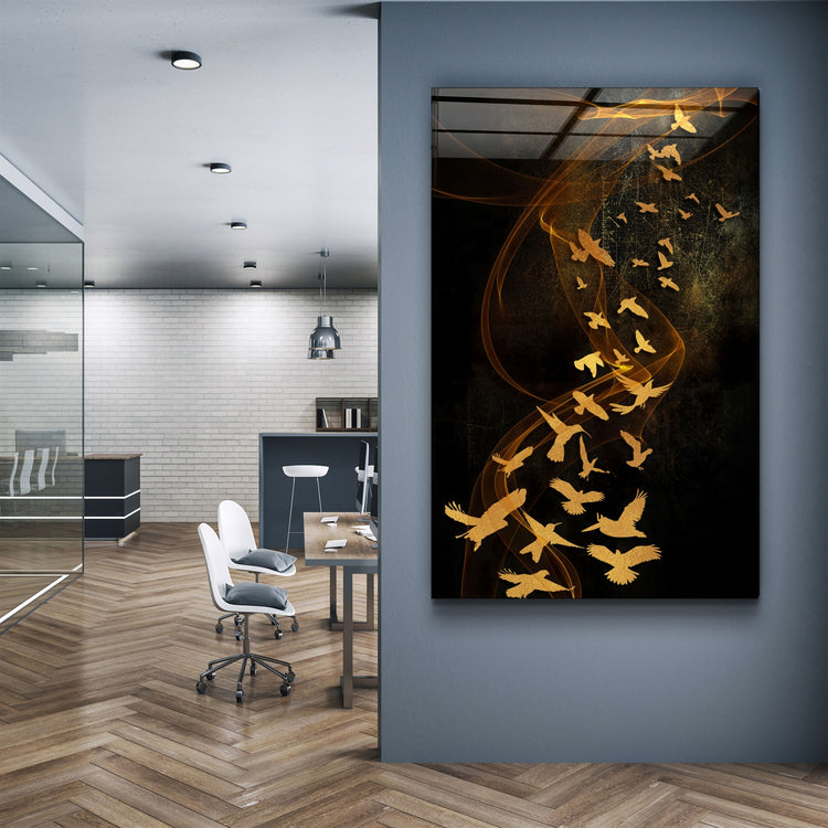 ・"Abstract Yellow Birds"・Glass Wall Art | Artdesigna Glass Printing Wall Arts.