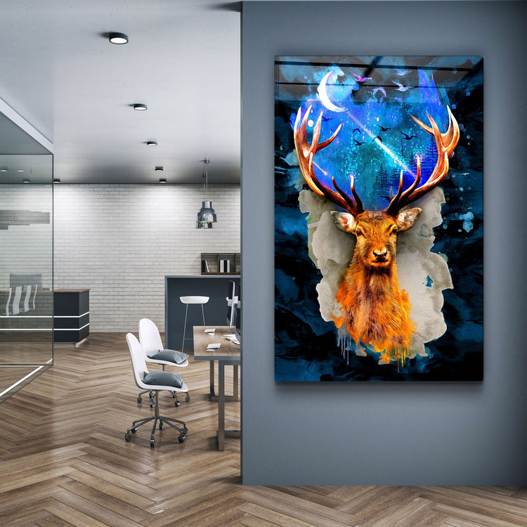 ・"Deer & Moon"・Glass Wall Art | Artdesigna Glass Printing Wall Arts.