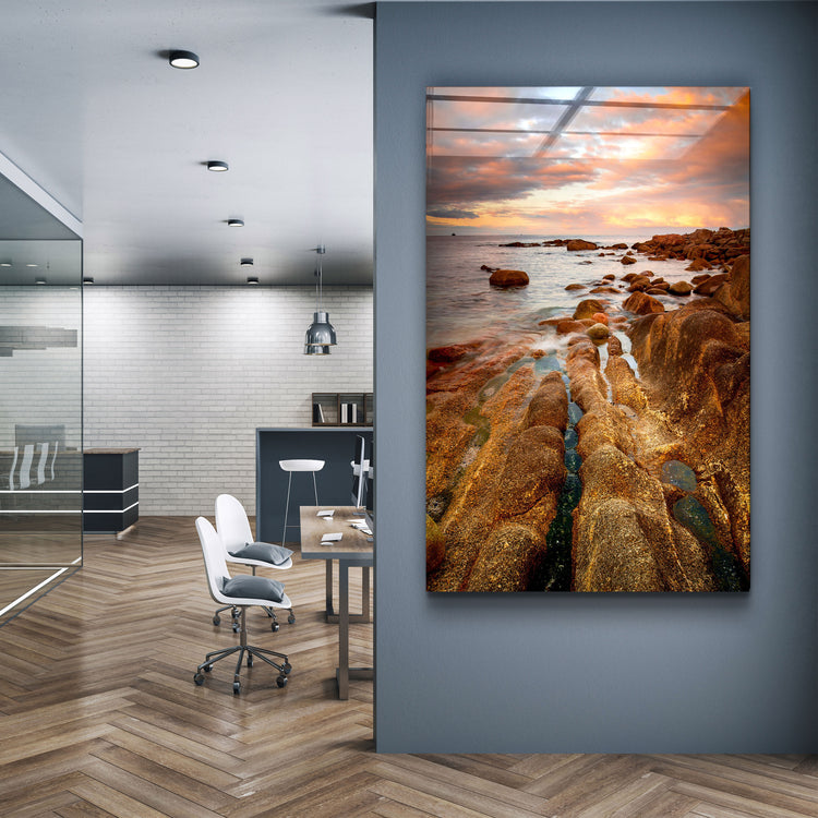 ・"Golden Rocks and Sunset"・Glass Wall Art | Artdesigna Glass Printing Wall Arts.