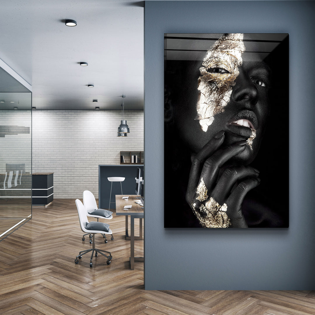 ・"Golden Face Woman Portrait"・Glass Wall Art | Artdesigna Glass Printing Wall Arts.