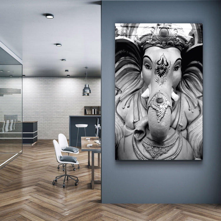 ・"Lord Ganesh B&W Sculpture"・Glass Wall Art | Artdesigna Glass Printing Wall Arts.