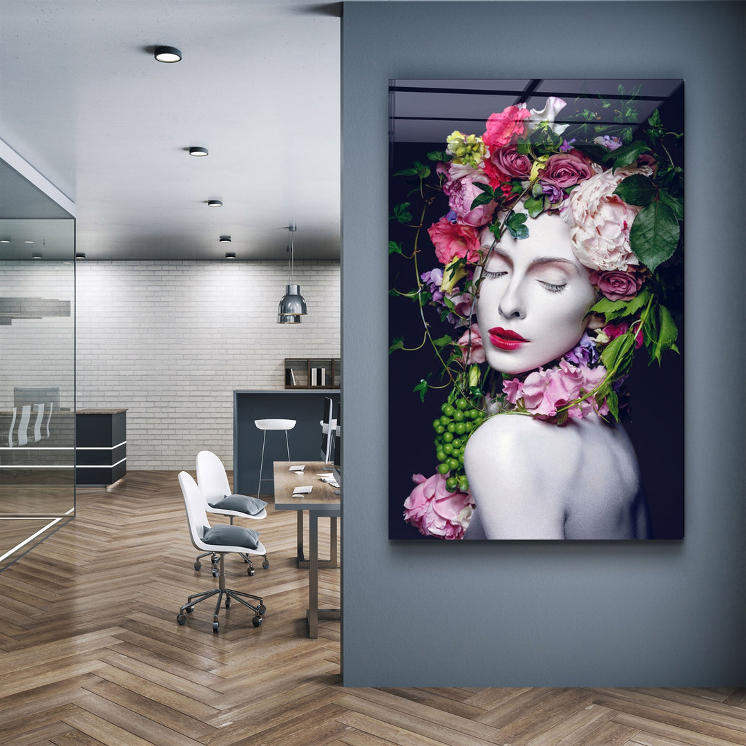 ・"Floral Woman Portrait"・Glass Wall Art | Artdesigna Glass Printing Wall Arts.