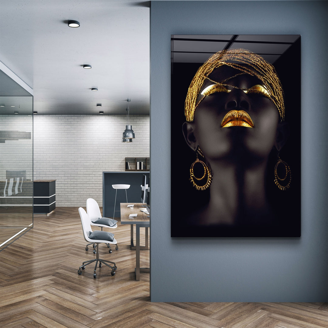 ・"Golden Lips Woman Portrait V2"・Glass Wall Art | Artdesigna Glass Printing Wall Arts.