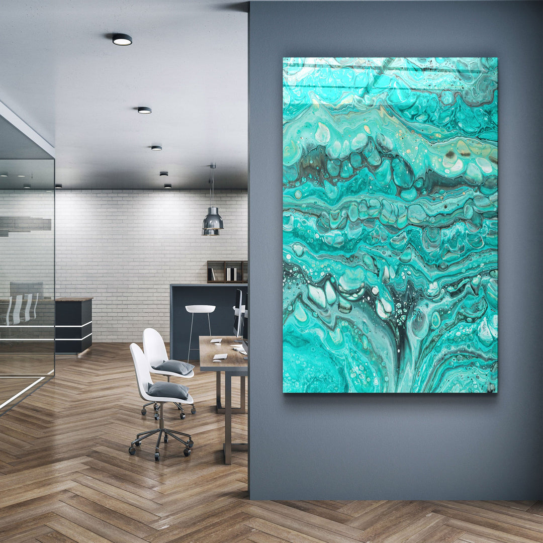 ・"Abstract Turquoise Ink Drops"・Designer's Collection Glass Wall Art