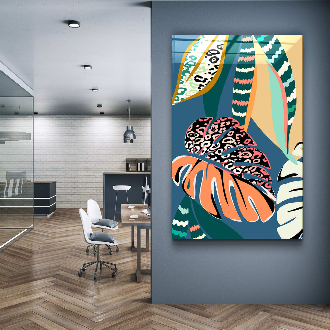 ・"Tropical Leaves Illustration 5"・ Glass Wall Art