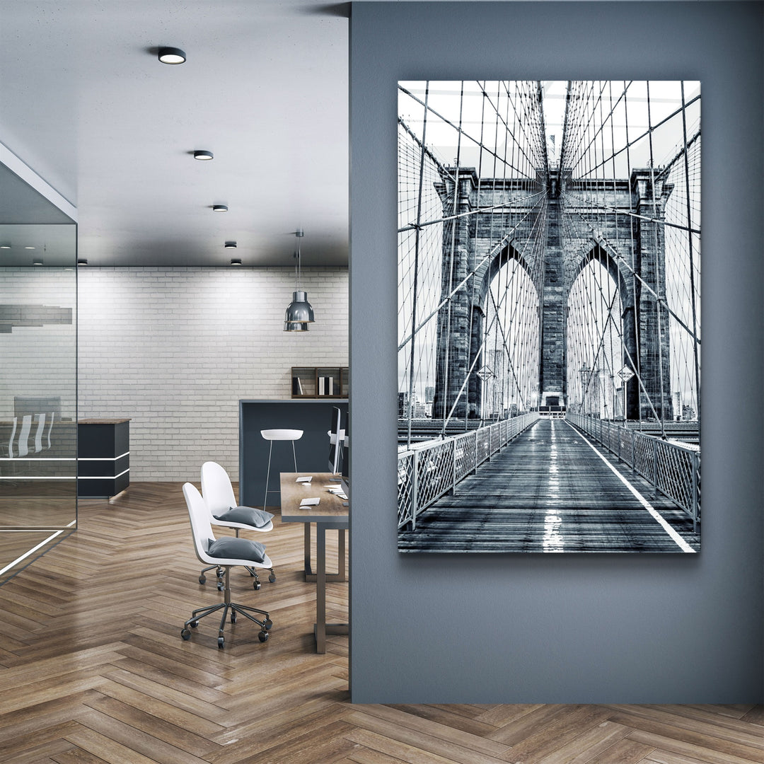 ・"Brooklyn Bridge Retro Gray 2"・Glass Wall Art | Artdesigna Glass Printing Wall Arts.