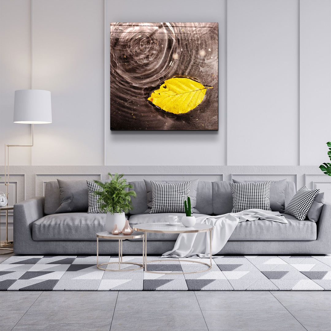 ・"Yellow Leaf on the Water"・Glass Wall Art | Artdesigna Glass Printing Wall Arts.