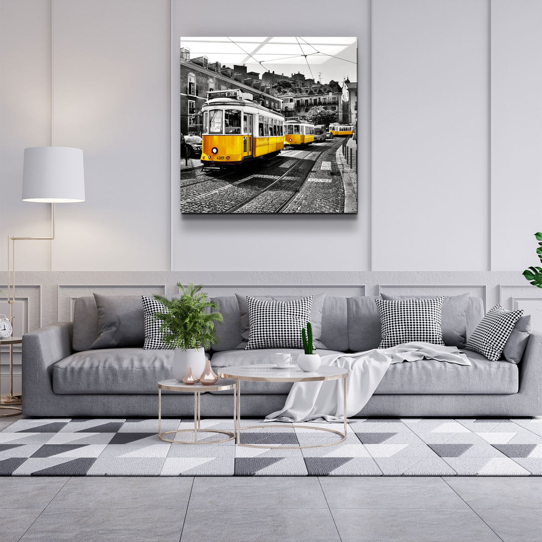 ・"Lisbon Yellow Tram"・Glass Wall Art | Artdesigna Glass Printing Wall Arts.