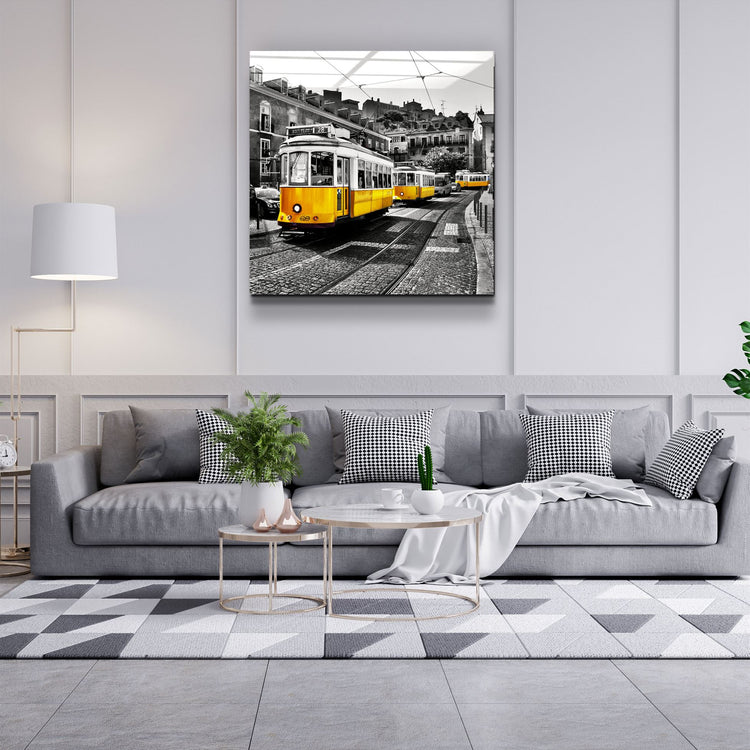 ・"Lisbon Yellow Tram"・Glass Wall Art | Artdesigna Glass Printing Wall Arts.