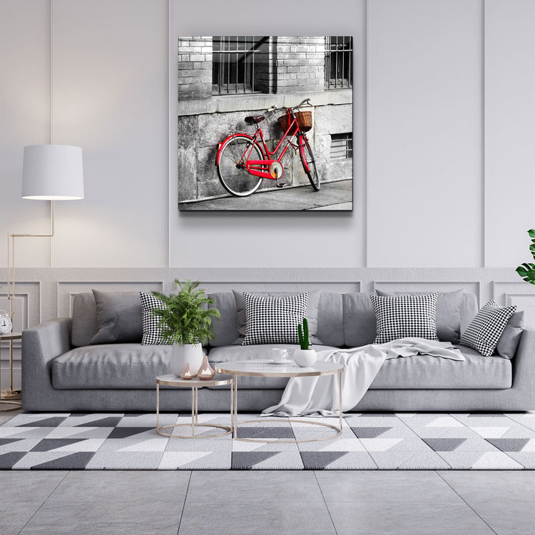 ・"Red Bicycle"・Glass Wall Art | Artdesigna Glass Printing Wall Arts.