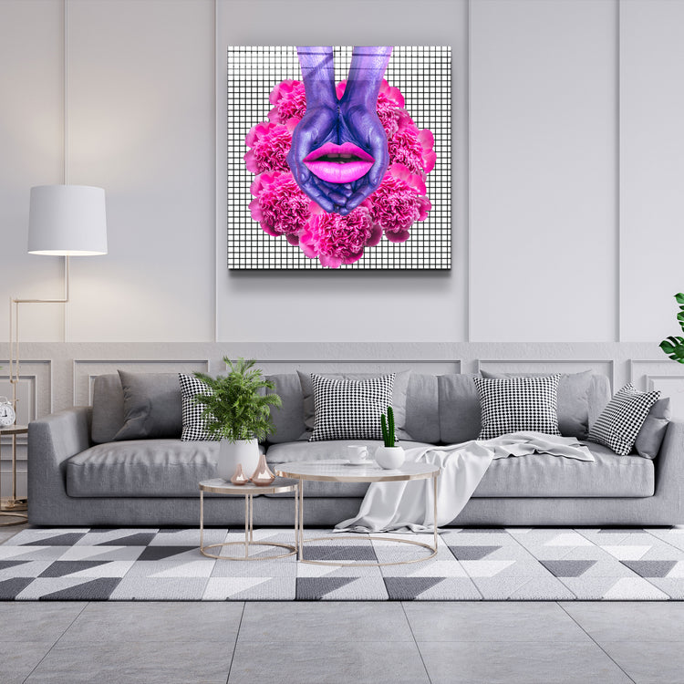 ・"Pink Flowers and Lips"・Glass Wall Art | Artdesigna Glass Printing Wall Arts.