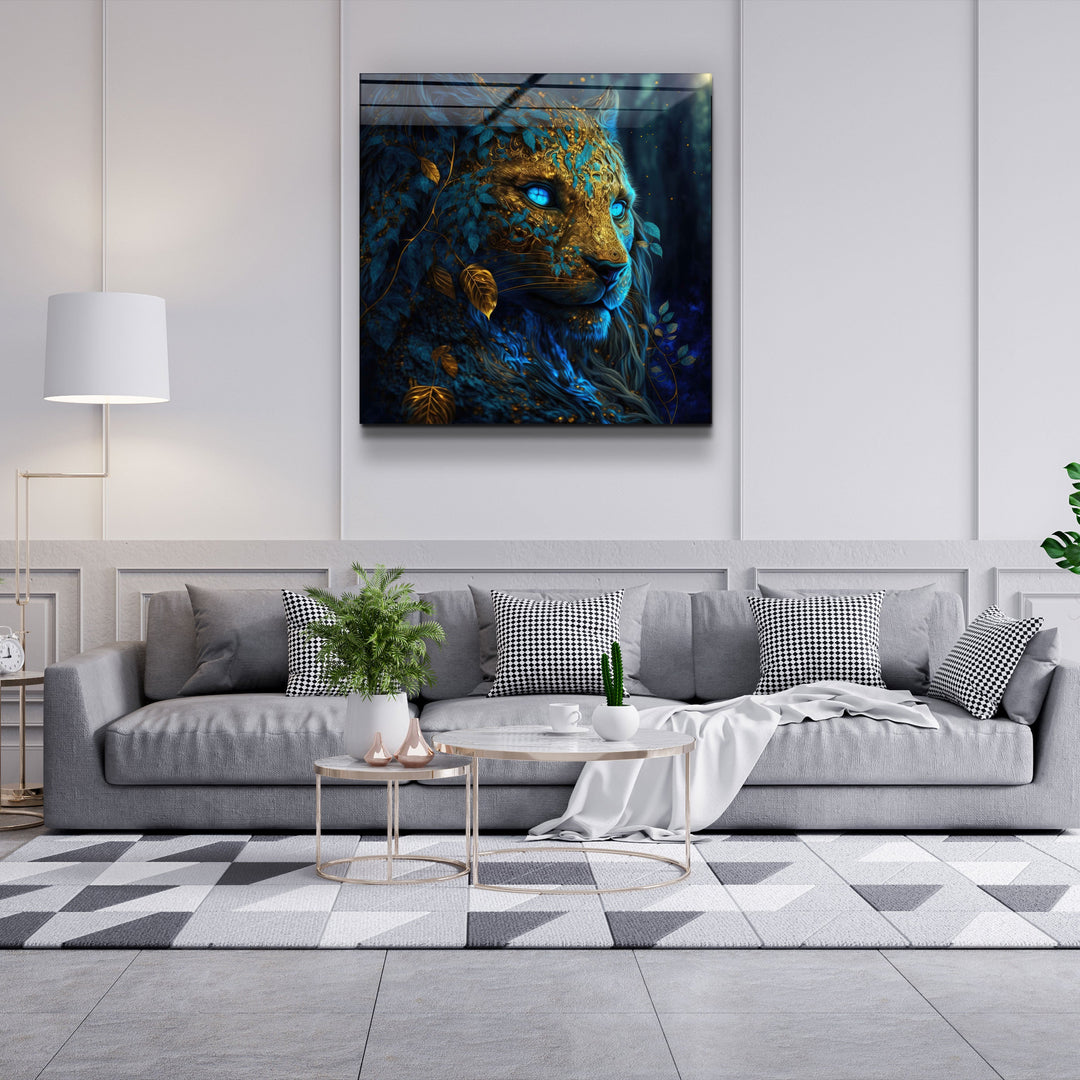 ."Majestic Blue-Eyed Leopard". Secret World Collection Glass Wall Art