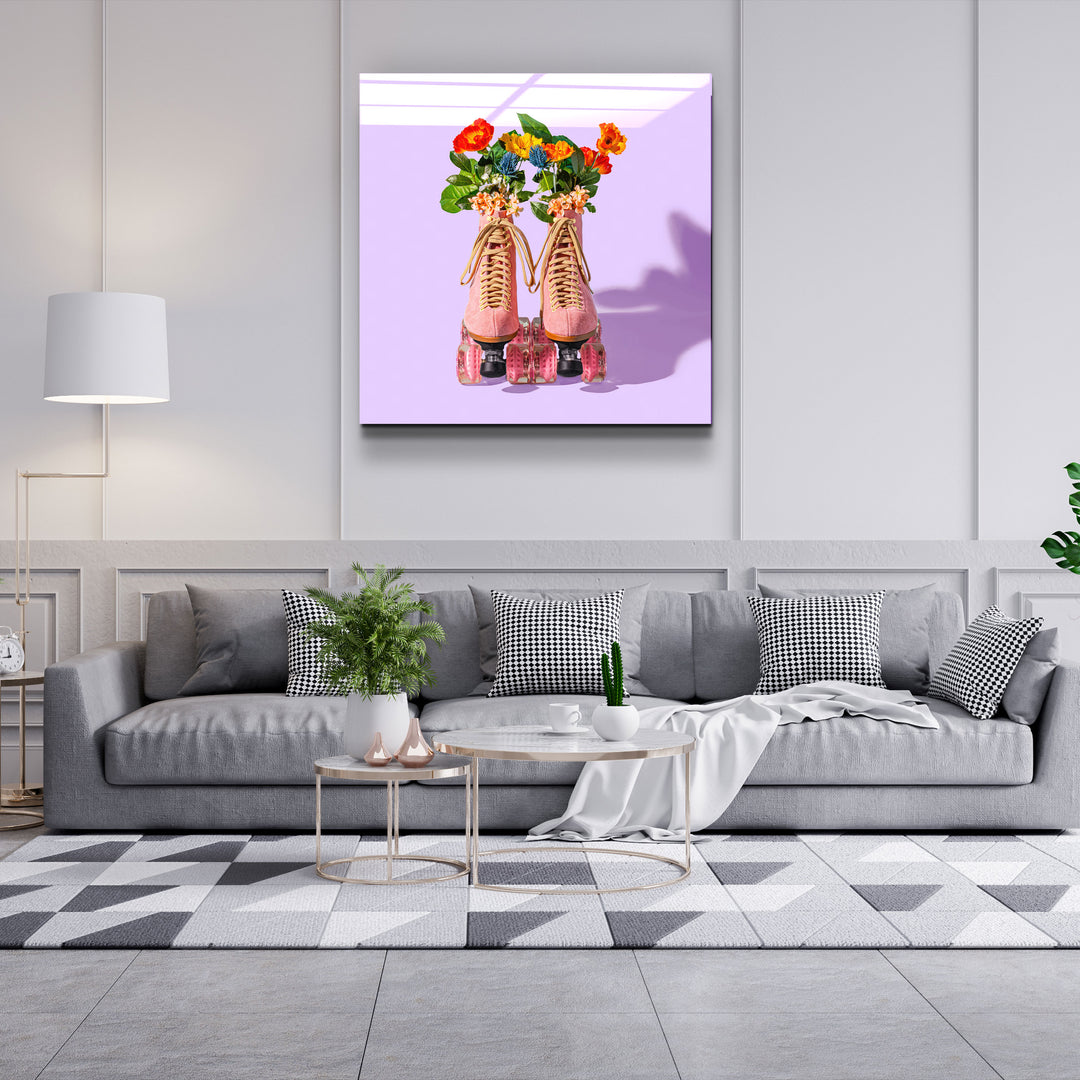 ."Pink Skates Retro". Designer's Collection Glass Wall Art