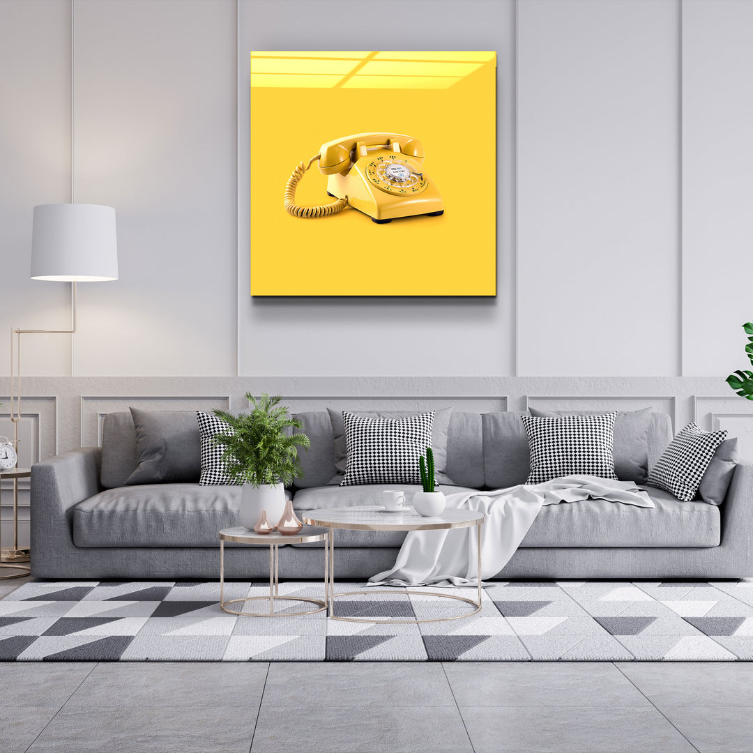 ."Yellow Retro Phone". Designer's Collection Glass Wall Art