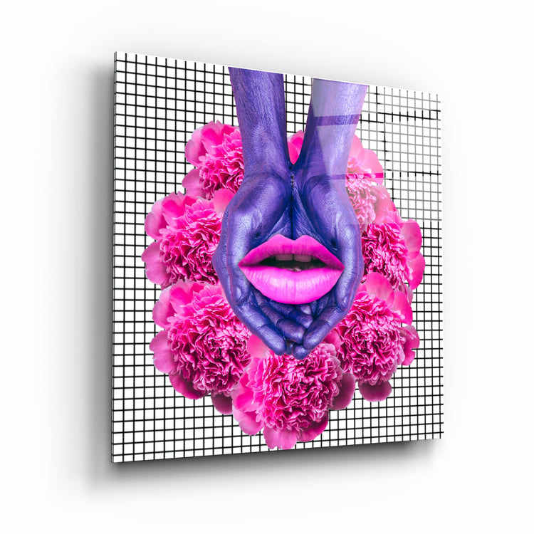 ・"Pink Flowers and Lips"・Glass Wall Art | Artdesigna Glass Printing Wall Arts.