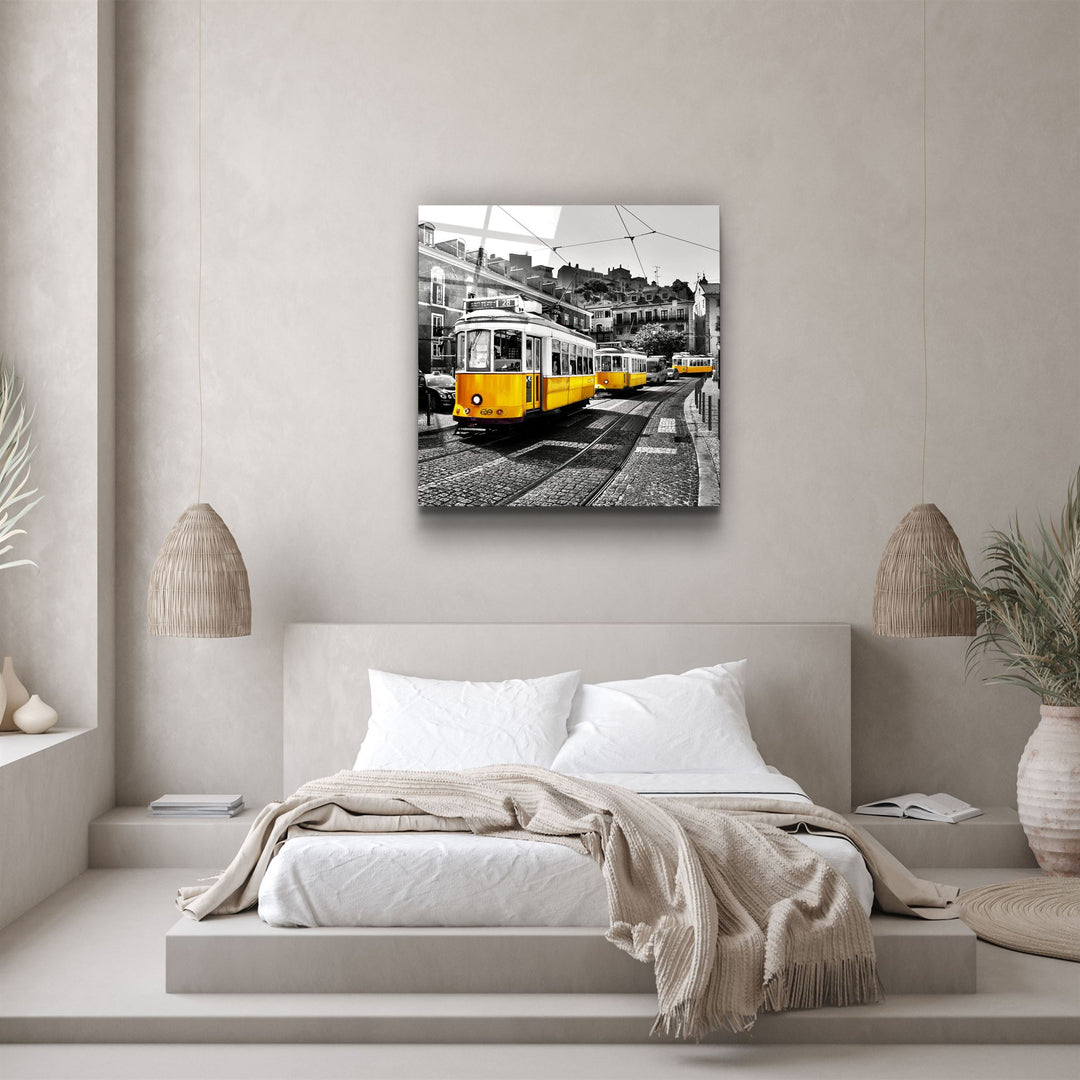 ・"Lisbon Yellow Tram"・Glass Wall Art | Artdesigna Glass Printing Wall Arts.