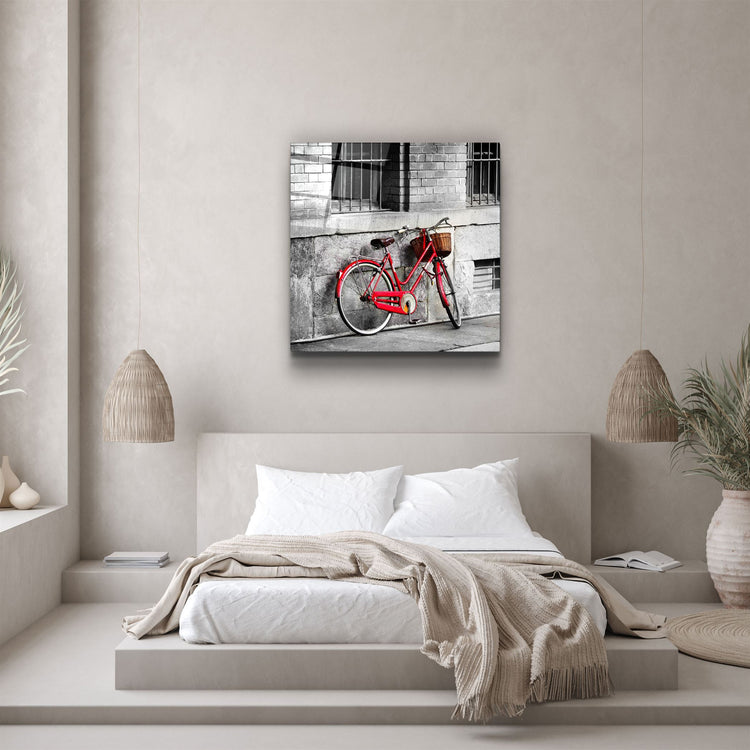 ・"Red Bicycle"・Glass Wall Art | Artdesigna Glass Printing Wall Arts.