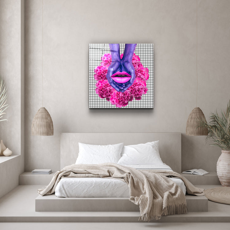 ・"Pink Flowers and Lips"・Glass Wall Art | Artdesigna Glass Printing Wall Arts.