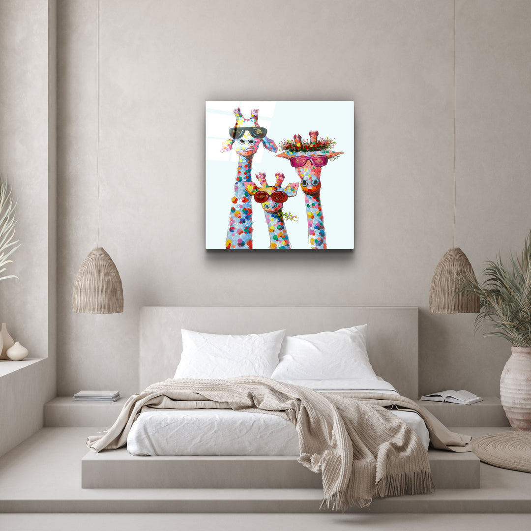 ."Funny Giraffe Family". Designer's Collection Glass Wall Art