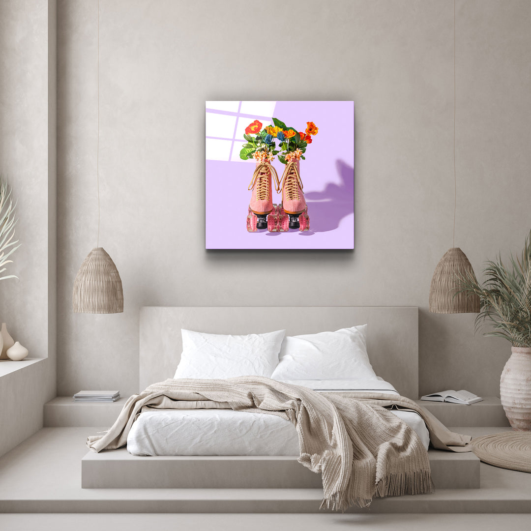 ."Pink Skates Retro". Designer's Collection Glass Wall Art