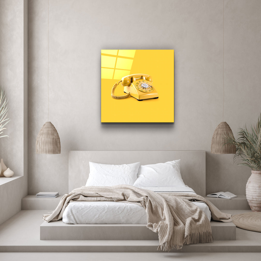 ."Yellow Retro Phone". Designer's Collection Glass Wall Art