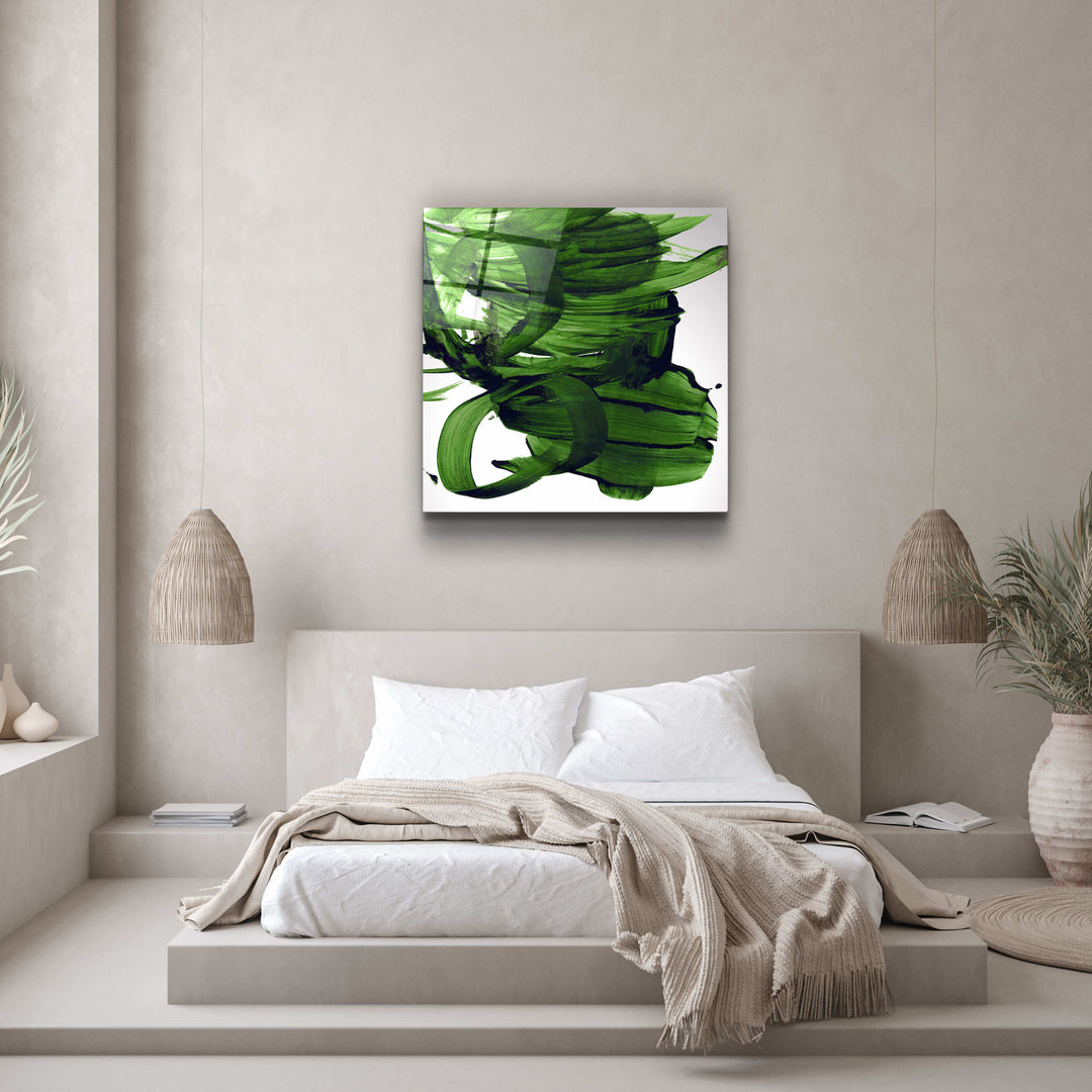 ."Green Abstract Brush Strokes". Designer's Collection Glass Wall Art