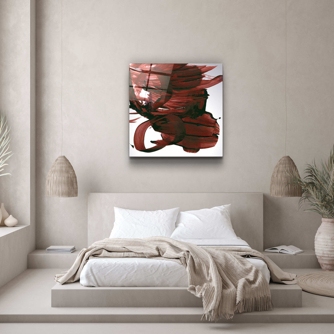 ."Dark Red Abstract Brush Strokes". Designer's Collection Glass Wall Art