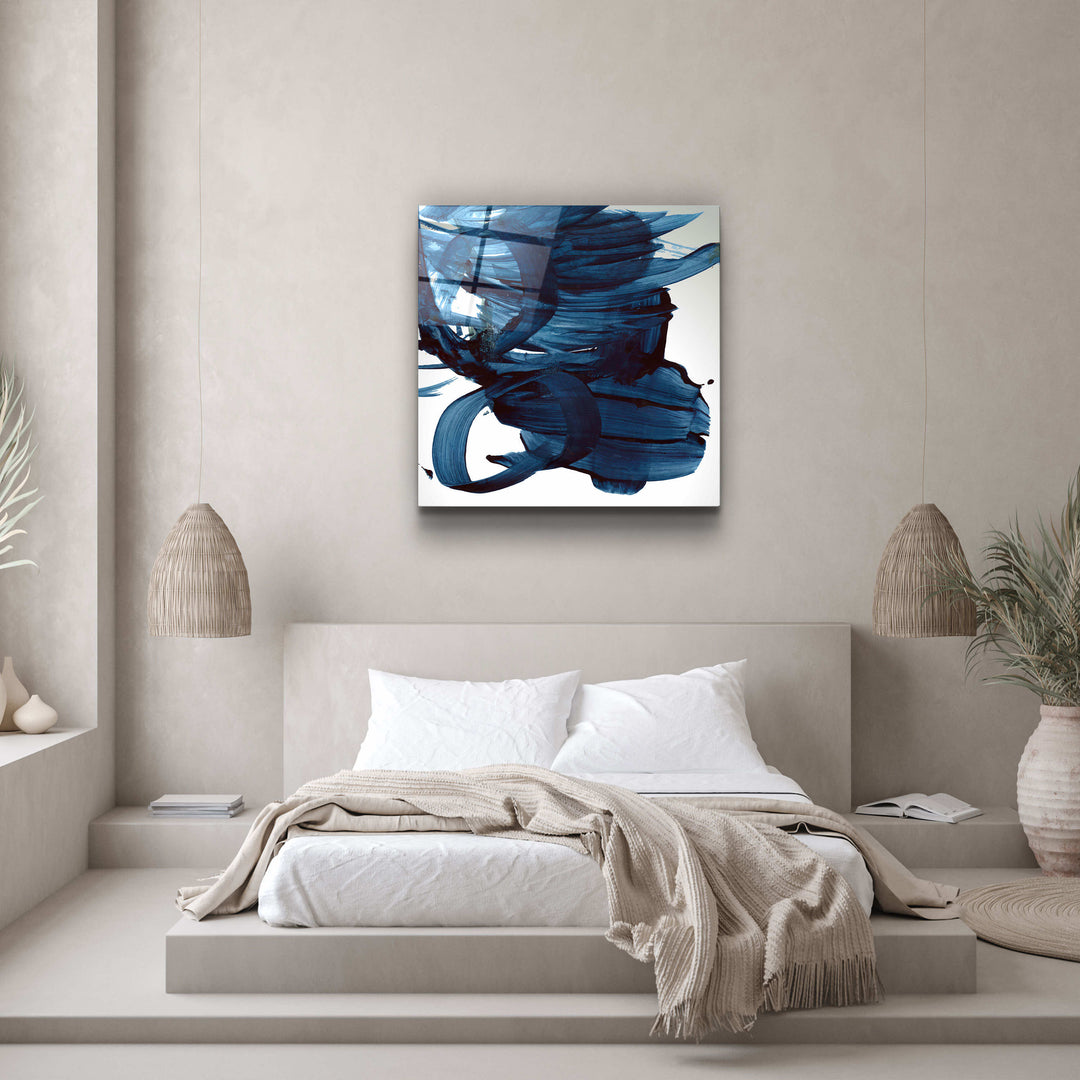 ."Navy Blue Abstract Brush Strokes". Designer's Collection Glass Wall Art