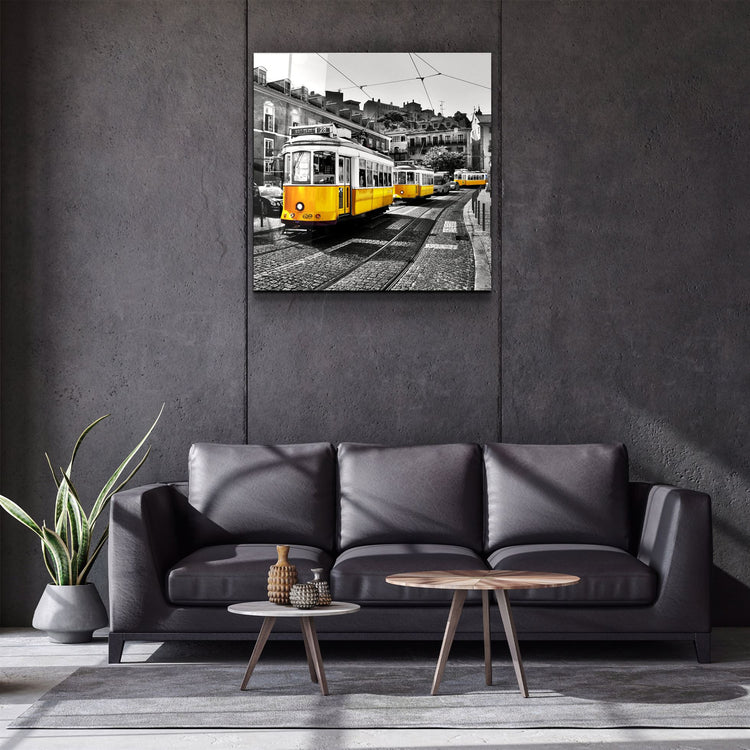 ・"Lisbon Yellow Tram"・Glass Wall Art | Artdesigna Glass Printing Wall Arts.