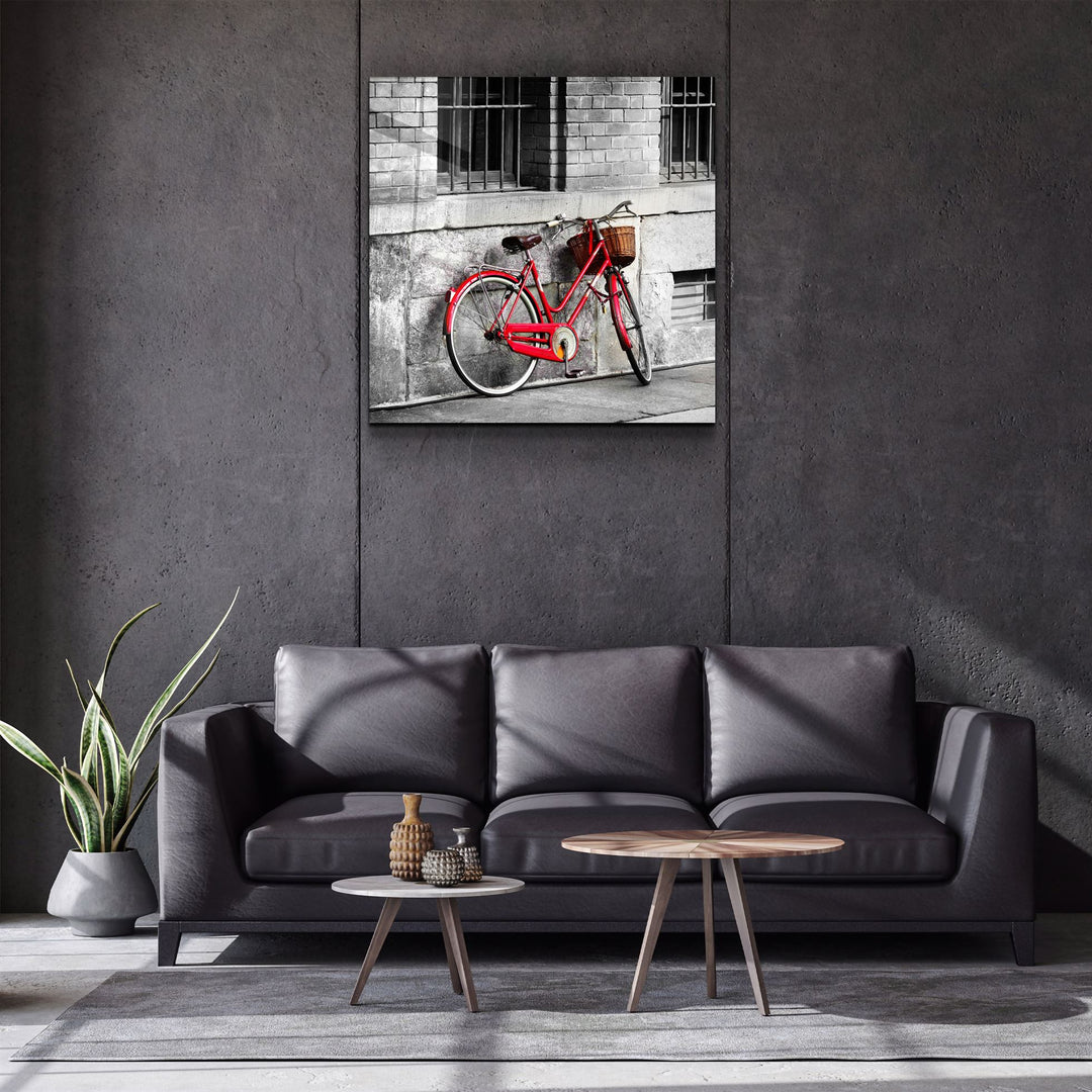 ・"Red Bicycle"・Glass Wall Art | Artdesigna Glass Printing Wall Arts.