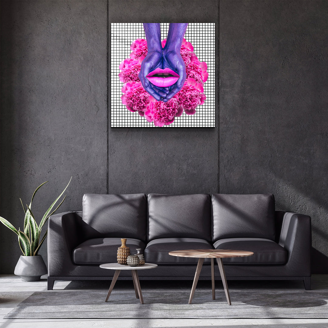 ・"Pink Flowers and Lips"・Glass Wall Art | Artdesigna Glass Printing Wall Arts.