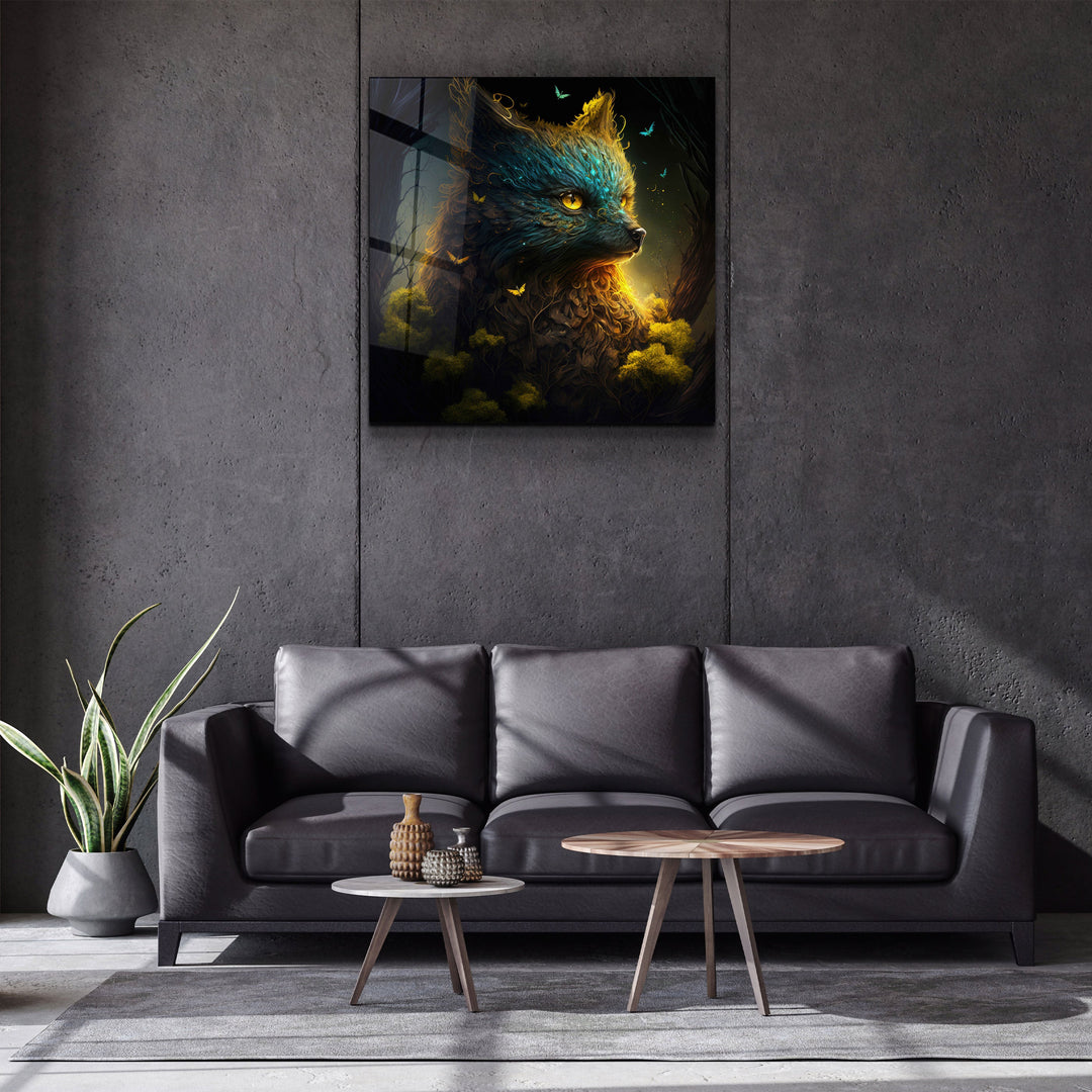 ."Glimmering Gold Fox". Secret World Collection Glass Wall Art