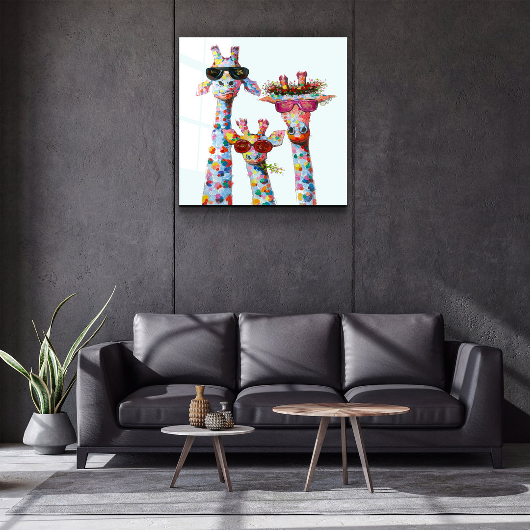 ."Funny Giraffe Family". Designer's Collection Glass Wall Art