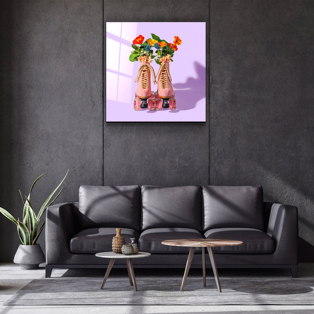 ."Pink Skates Retro". Designer's Collection Glass Wall Art