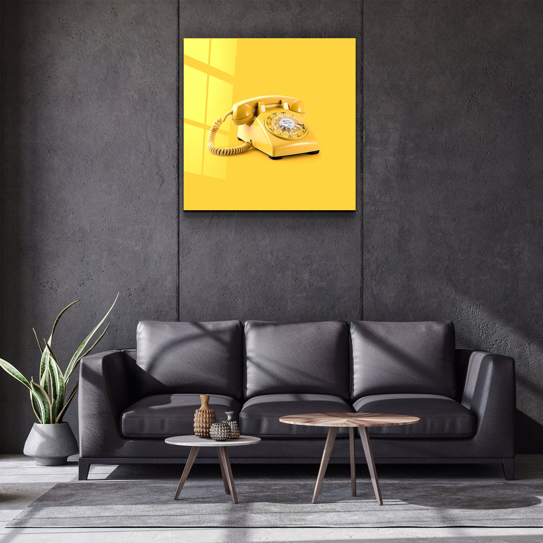 ."Yellow Retro Phone". Designer's Collection Glass Wall Art