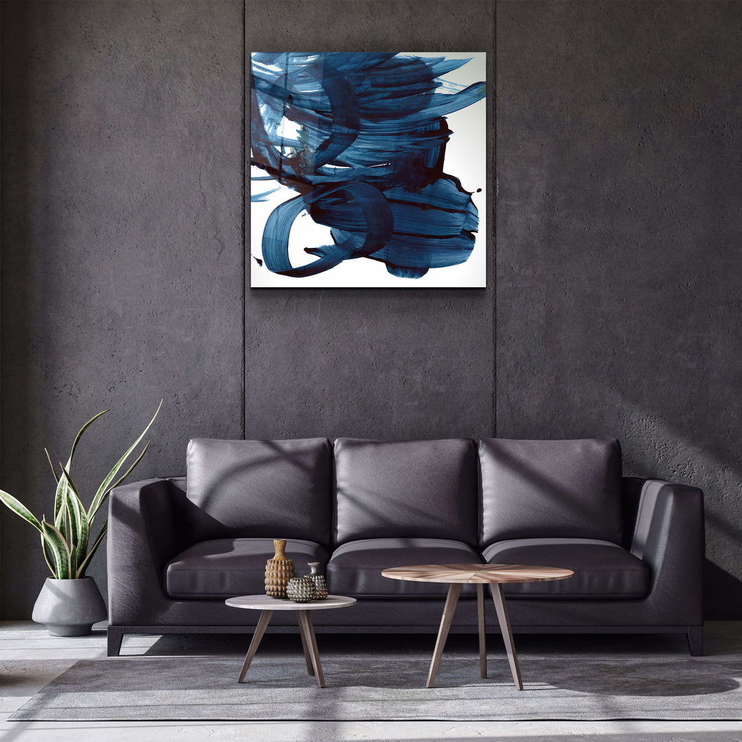 ."Navy Blue Abstract Brush Strokes". Designer's Collection Glass Wall Art