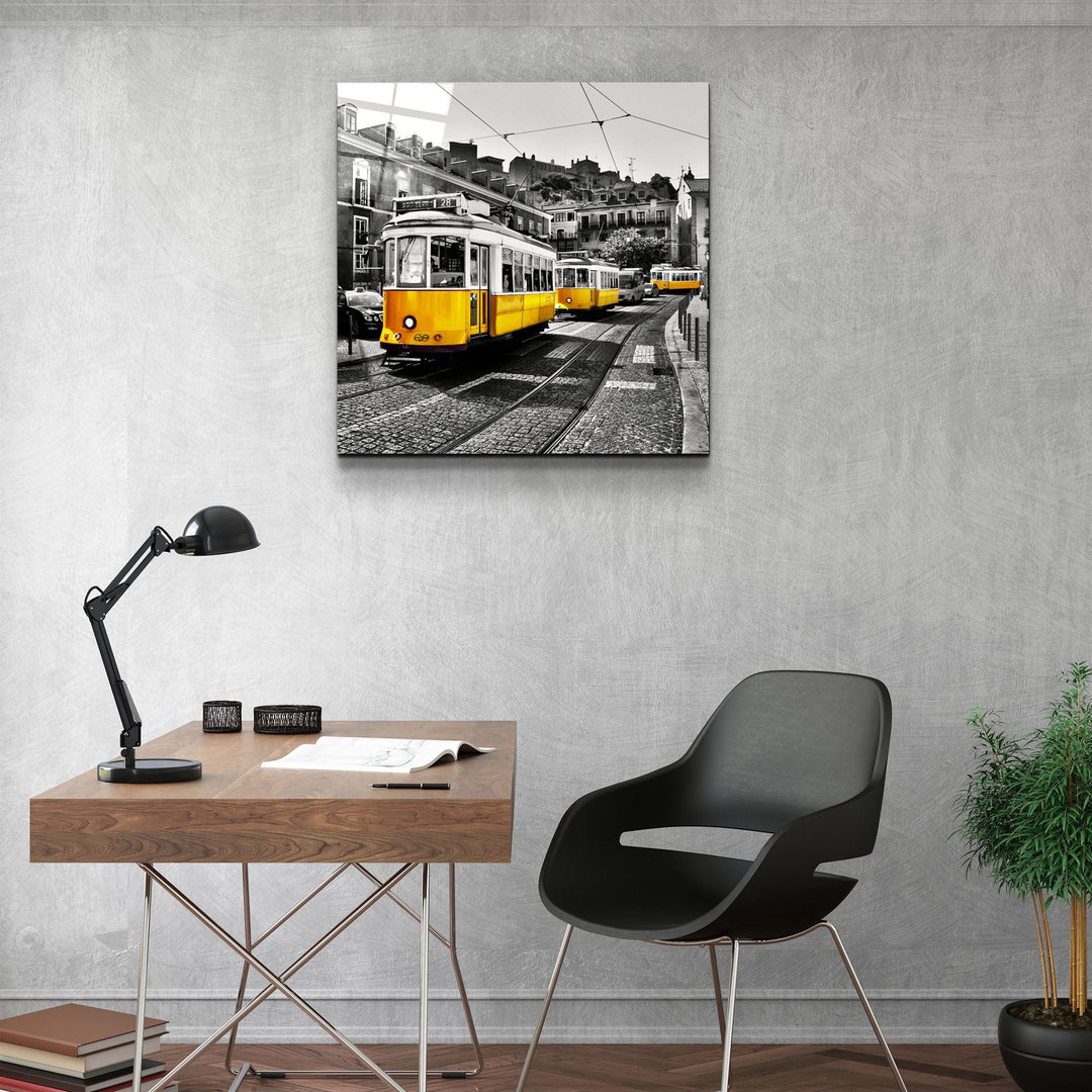 ・"Lisbon Yellow Tram"・Glass Wall Art | Artdesigna Glass Printing Wall Arts.