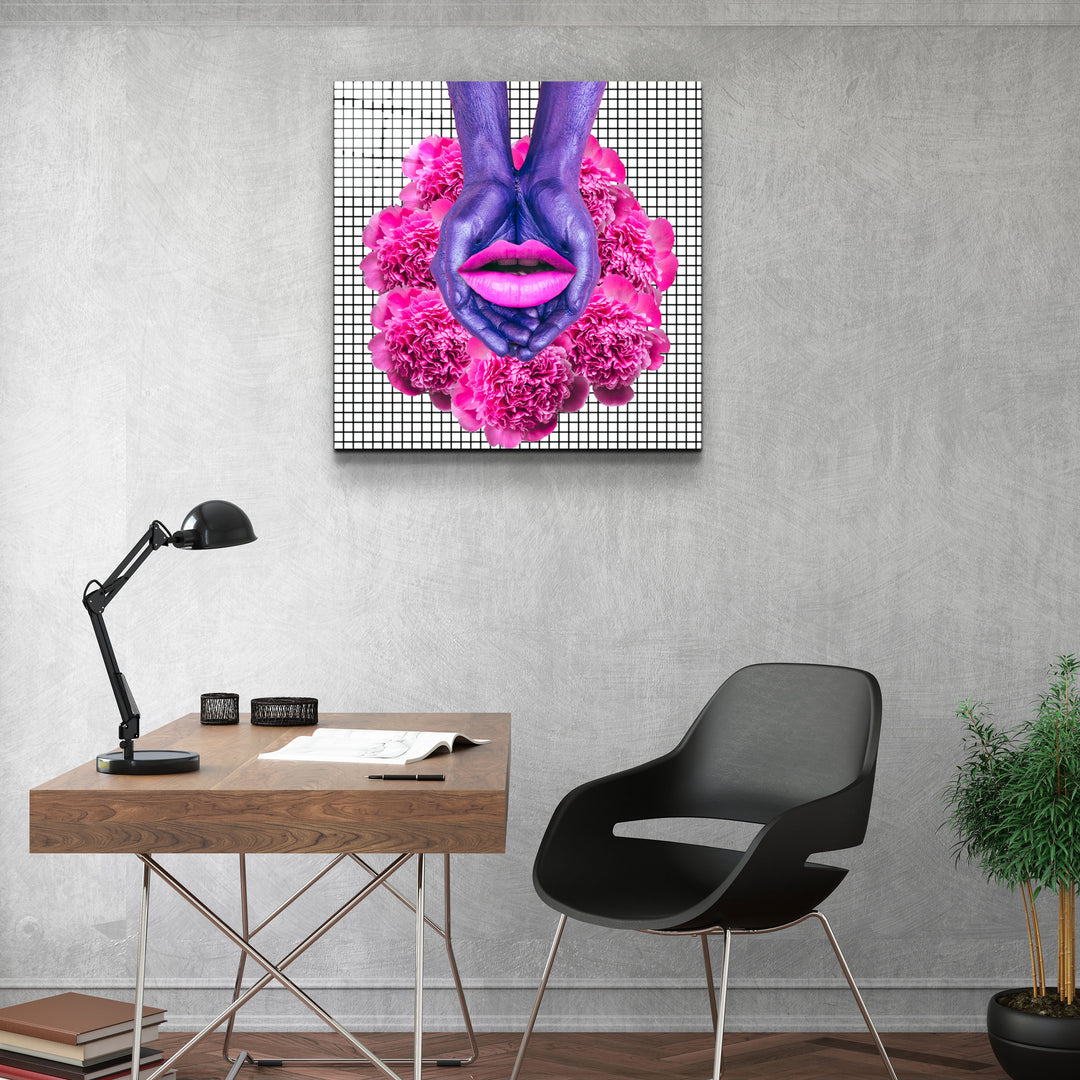 ・"Pink Flowers and Lips"・Glass Wall Art | Artdesigna Glass Printing Wall Arts.