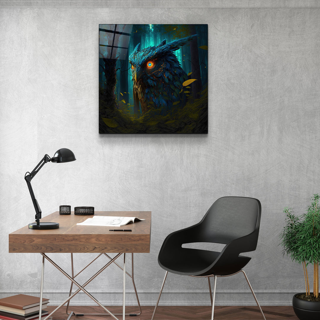 ."Blazing Blue Owl". Secret World Collection Glass Wall Art