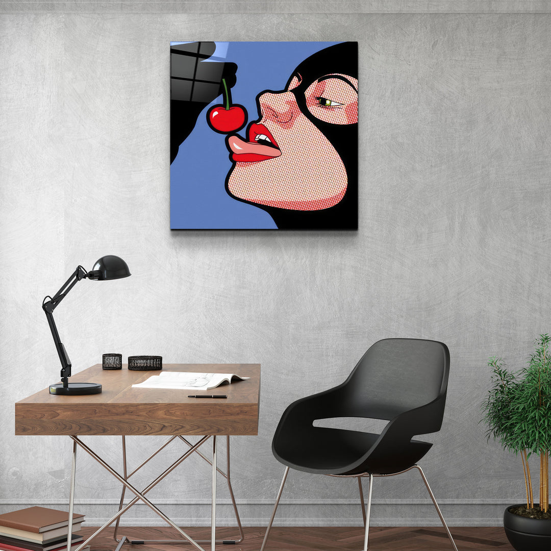 ."Cat Woman & Cherry". Designer's Collection Glass Wall Art